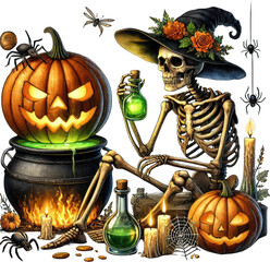 Watercolor Halloween, Ghost Party Halloween, Skeleton, Pumpkin, Spider, Commercial Use