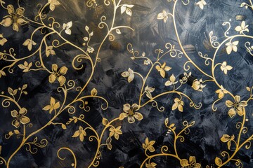 A close-up shot of a black and gold floral wallpaper pattern. The pattern features intricate gold vines and flowers against a dark, textured background