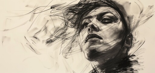 Fototapeta premium Charcoal sketch portrait of a proud woman with head up and eyes open with expressive lines and dynamic shading on neutral light grey or white background with copyspace