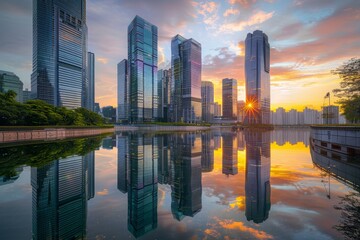 Fototapeta premium A panoramic view of modern skyscrapers reflecting in a calm city river at sunset. The golden hour light casts a warm glow on the scene