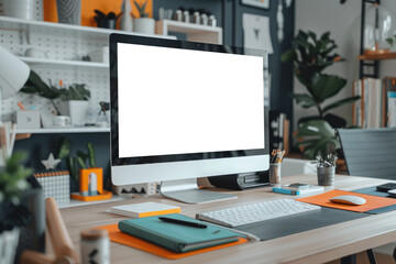 computer blank screen on table with coffee background, mockup, template for your text, ai generated