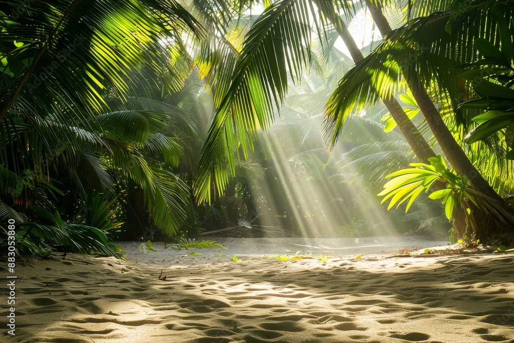 Aufkleber sunlight streams through dense palm tree foliage, creating intricate patterns of light and shadow on