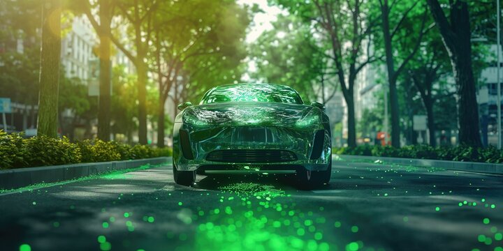 EV car futuristic vehicle concept on urban background with green overlay