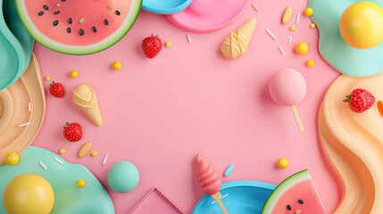 An assortment of colorful sweets and ice cream cones arranged on a pink and pastel background, creating a playful visual.