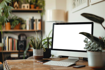 computer blank screen on table with coffee background, mockup, template for your text, ai generated