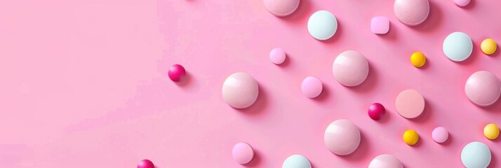 World Contraception Day. Horizontal poster. Female contraceptives of different shapes and colors on a pink background. Protection from unwanted pregnancy and disease. Sexual Health Day. Copy space