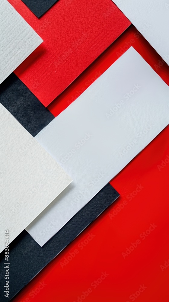 Poster minimalist red and white abstract design featuring overlapping rectangles with black accents.