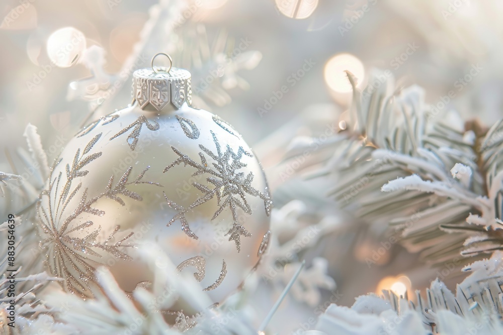 Poster a silver christmas ornament with intricate snowflake patterns rests on a snow-covered branch of a ch