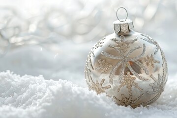 A silver Christmas ornament with intricate snowflake designs sits in a bed of fresh, white snow