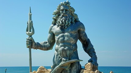 A majestic bronze statue holding a trident stands imposingly under a clear blue sky, with the sea in the background, blending art and nature in harmony.