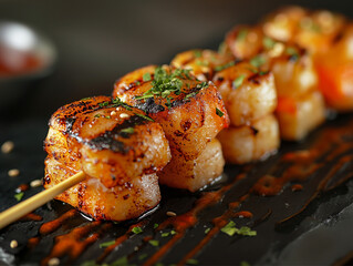 Close-up of grilled skewer pieces with a savory sauce and garnished with finely chopped fresh herbs on a dark plate.