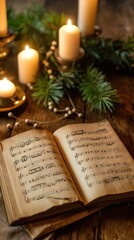 Christmas carol music sheet on a table illuminated with candles and mistletoe cozy family gathering atmosphere