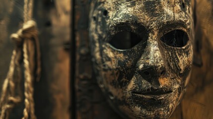 The worn mask hangs nearby