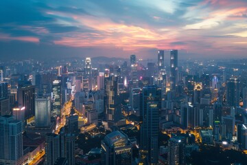 Fototapeta premium An aerial view of a city skyline at dusk, with buildings illuminated and city lights twinkling
