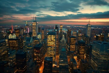Obraz premium An aerial view of a city skyline at dusk, with numerous buildings lit up and city lights twinkling