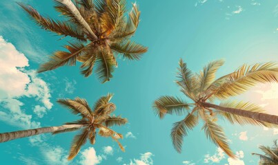 Blue sky and palm trees view from below, vintage style, tropical beach and summer background, travel concept, Generative AI