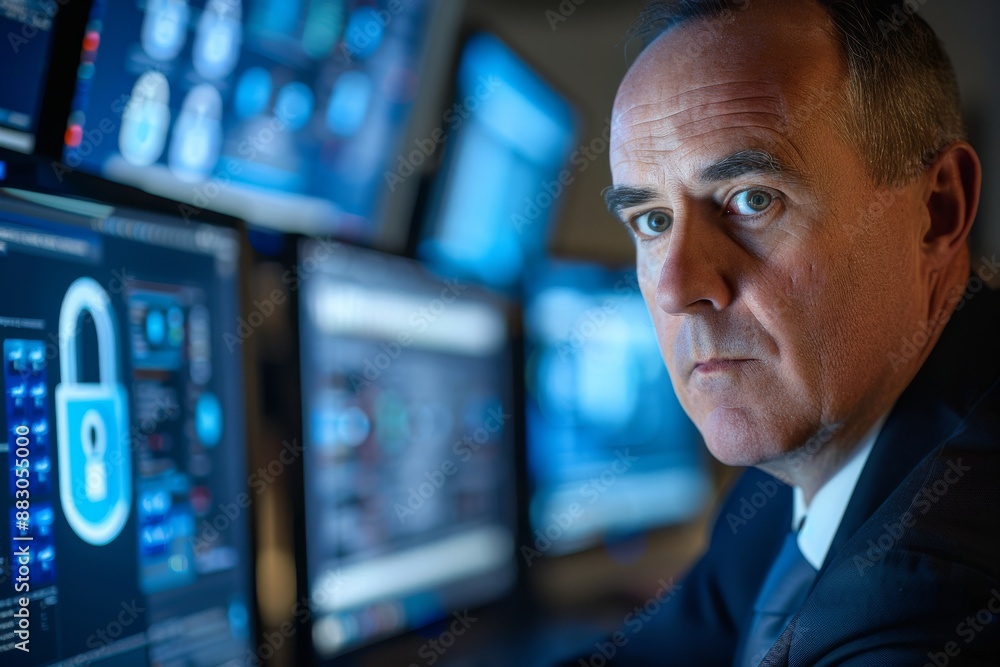 Poster a businessman in a sleek office setting intently observes data on multiple computer screens, with a 