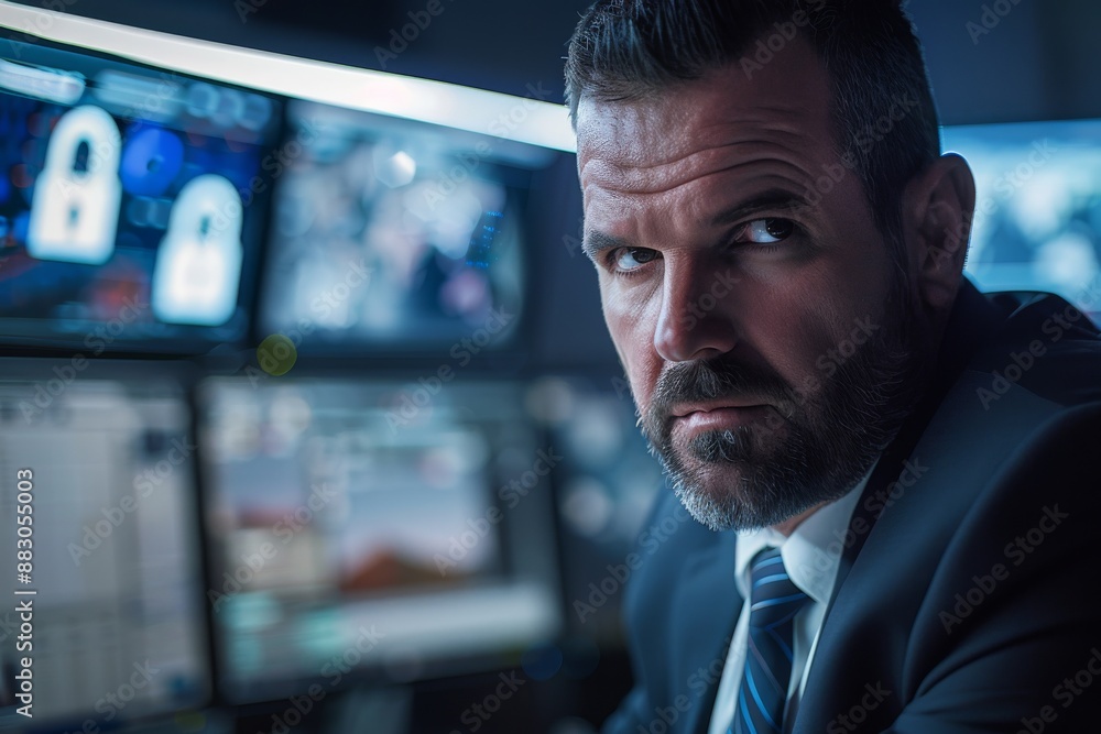 Poster a businessman intently looks at multiple computer screens, analyzing data in a modern office setting