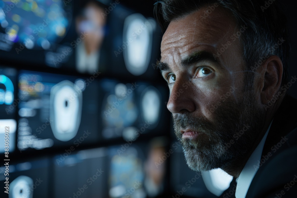 Poster a businessman intently observes a wall of computer screens displaying data and graphs, working late 