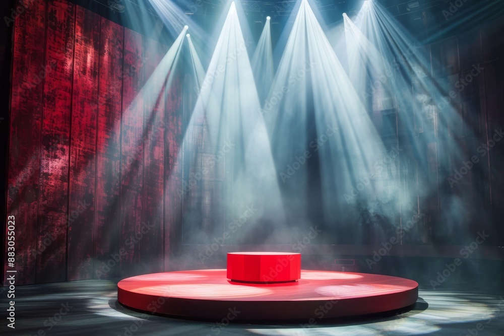 Aufkleber a red round podium sits in the center of an empty theater stage. focused beams of light illuminate t