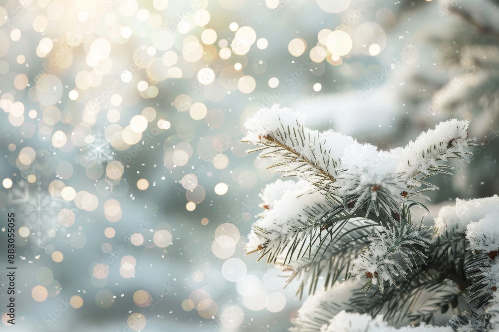 Poster a close-up shot of a snow-covered fir tree branch in a winter forest, with a soft bokeh background a