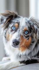 Australian Shepherd with Blue Eyes
Close-up portrait of an Australian Shepherd with striking blue eyes and a curious expression, indoors with soft lighting.
