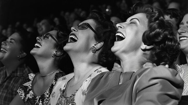 This black and white image shows a group of people in the theater, focusing intently on a performance, reflecting the engrossment and joy of observing an entertaining act.