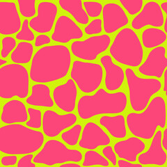 Abstract vector animal seamless pattern. Pink irregular brush spots on green background. Neon avant-garde colors. Simple irregular geometric design