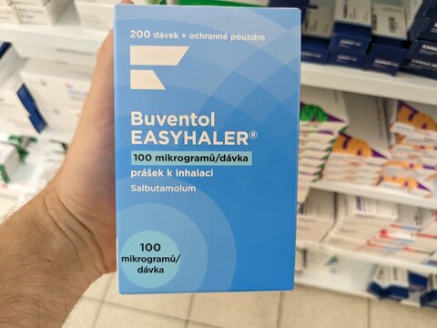 Prague, Czech Republic - July 10 2024: BUVENTOL EASYHALER box of medication with SALBUTAMOL active substance by ORION PHARMA, used for treatment of asthma and COPD.