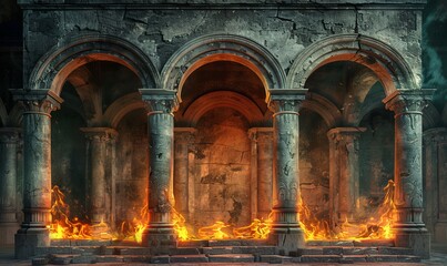 Ancient classic architecture stone arches with flames, Generative AI