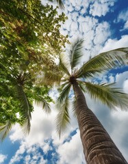 Fototapeta premium low-angle perspective showing the sky with clouds, a coconut palm