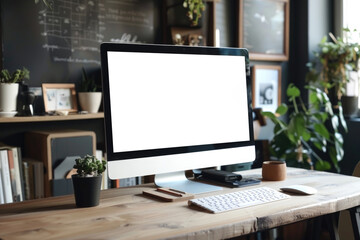 Fototapeta premium computer blank screen on table with coffee background, mockup, template for your text, ai generated
