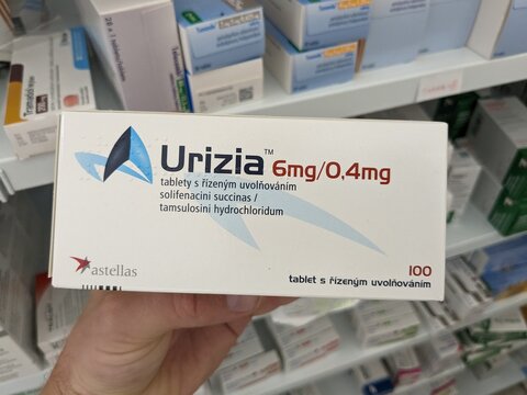 Prague, Czech Republic - July 10 2024: URIZIA box of medication with TAMSULOSIN and SOLIFENACIN active substances by ASTELLAS, used for treatment of benign prostatic hyperplasia and overactive bladder