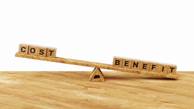 Priorities Benefit over Cost concept. Choice of risk analysis, business investment, finance and comparison concept. 3D Cost Benefit wooden cubes on balance scales