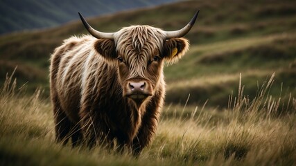 A Highland cow with distinctive long hair and horns stands alone in a grassy field, epitomizing rural life and solitude.