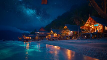 Obraz premium AI generator image of sandy beach by the sea at night,Sea waves rolling onto sandy beach under starry sky,milky way,northern lights,Southern Light,Aurora,Aurora Borealis at night