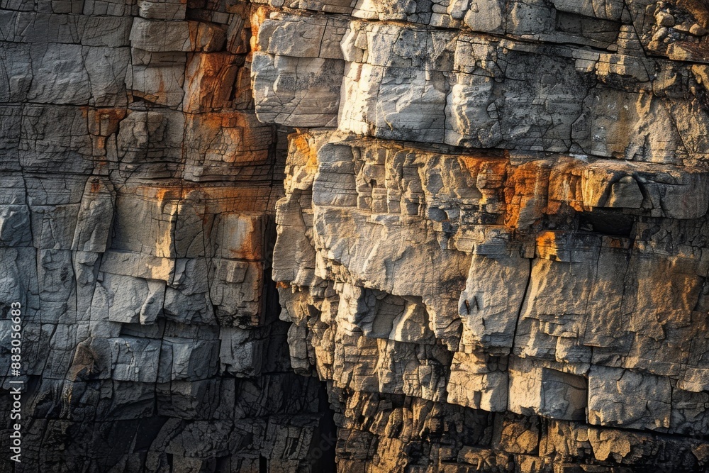 Aufkleber a close-up of a weathered cliff at sunset. the rock textures and the interplay of light and shadow m