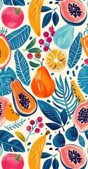 Colorful Tropical Fruits and Leaves Pattern
Vibrant pattern featuring an assortment of tropical fruits and leaves in bright, bold colors, creating a lively and cheerful design.