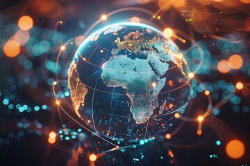 World, geometric and earth for connection, community and society. Map, networking and communication, planet model with decoration, abstract design or geometric link of business and global economy 