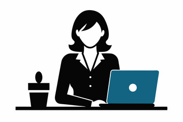 
silhouette of woman working on laptop at desk. Vector illustration
