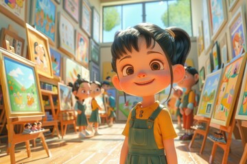 Animated Student Smiles at Art Exhibition