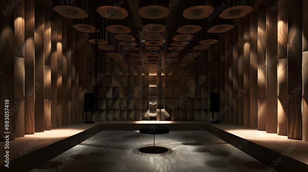 Poster a visualization of acoustics principles, illustrating sound waves interacting with materials like ac