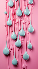 Blue Drops of Water Paint on Pink Background, Abstract Image, Texture, Pattern Background, Wallpaper, Cover and Screen of Smartphone, Cell Phone, Computer, Laptop, Format 9:16 and 16:9