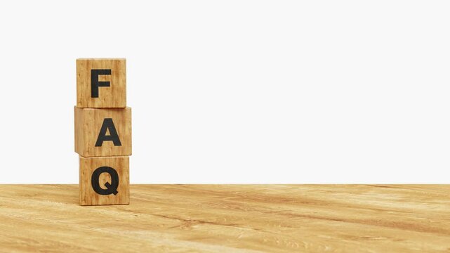 Frequently Asked Questions. FAQ on 3D wooden cubes with copy space for text. Ask, questions and answer, session concept. 4k 3d animation