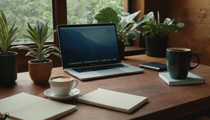 a cozy home office setup with a laptop, a steaming cup of coffee, notebooks, and indoor plants on a wooden table success, comfortable, minimalist, indoors, clean, elegant, contemporary, casual, office