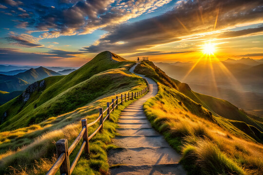A beautiful mountain landscape with a path leading up to a hill. The sun is setting, casting a warm glow over the scene. The path is lined with a wooden fence