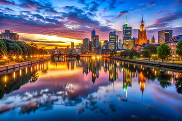 Fototapeta premium A city skyline is reflected in a river. The sky is orange and pink, creating a warm and peaceful atmosphere
