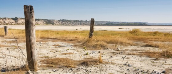Fototapeta premium Wooden Posts in Dry Lake Bed Landscape Near Hills