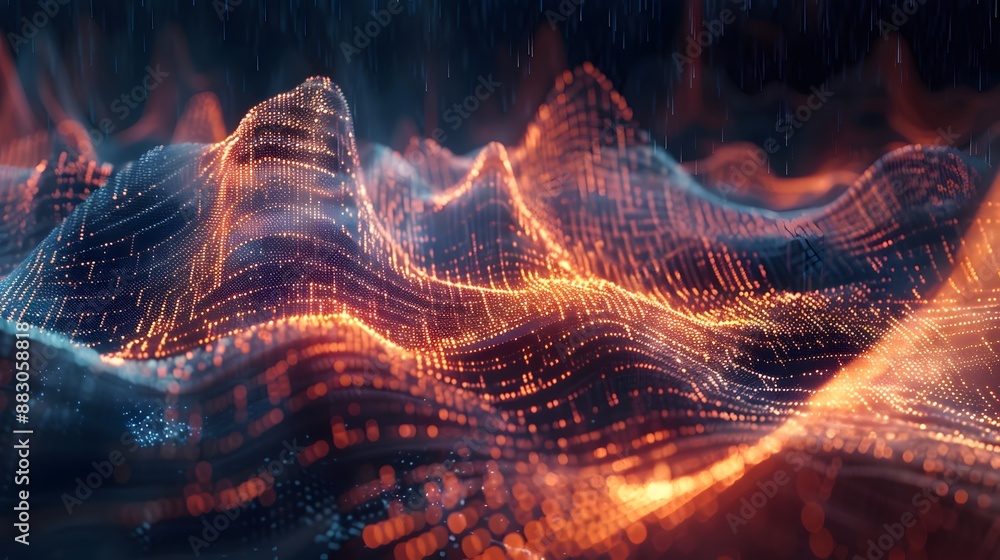 Poster an abstract depiction of delay effects, with audio signals echoing across a digital landscape, illus