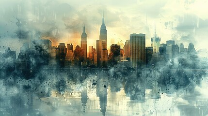 Abstract Cityscape Art with Skyline Reflection